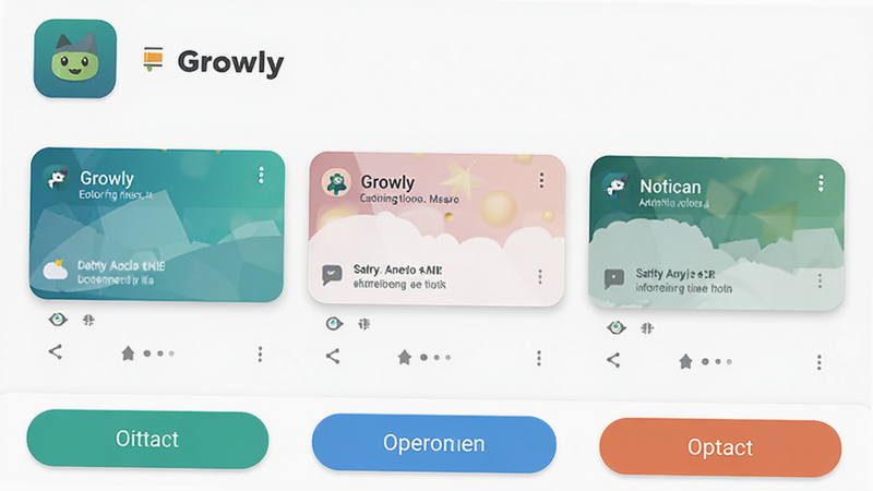 主体为Growly安卓应用界面预览图,布局清晰简洁,顶部显示应用图标与名称