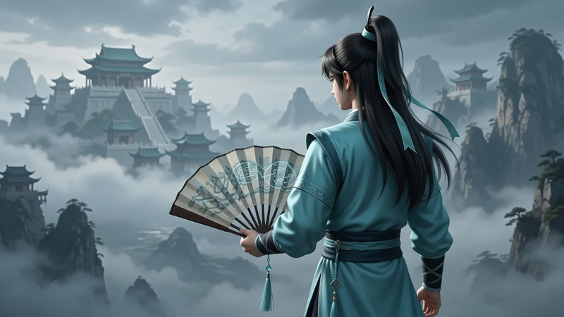 一张横版游戏宣传图,主体为身穿青衫的年轻修仙者背影,站在云雾缭绕的山巅,手持折扇,远处是仙宫楼阁,色调冷峻神秘,高画质,无多余元素
