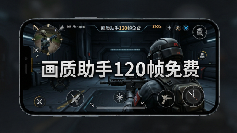 主体为手机屏幕特写,显示射击游戏界面,背景为深色科技感UI,布局简洁,排版清晰,风格现代简约,细节丰富,画质高清,干净,无多余元素,文字包含
