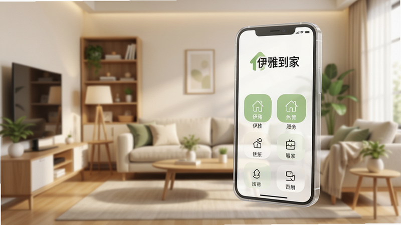 伊雅到家APP主界面展示,背景为温馨的现代家居客厅,前景悬浮着一个半透明的手机模型,屏幕上显示着清晰的“伊雅到家”LOGO和简洁的服务分类图标,整体风格清新简约,色调以暖白色和淡绿色为主,细节丰富,画质高清,无多余元素