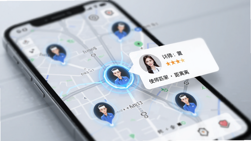 伊雅到家APP地图定位与技师匹配界面,手机屏幕中央显示城市地图,多个代表技师的图标分布其中,其中一个高亮显示并弹出信息卡片,包含技师头像、评分和距离,背景虚化,突出科技感与便捷性,风格现代,光线柔和,画质清晰