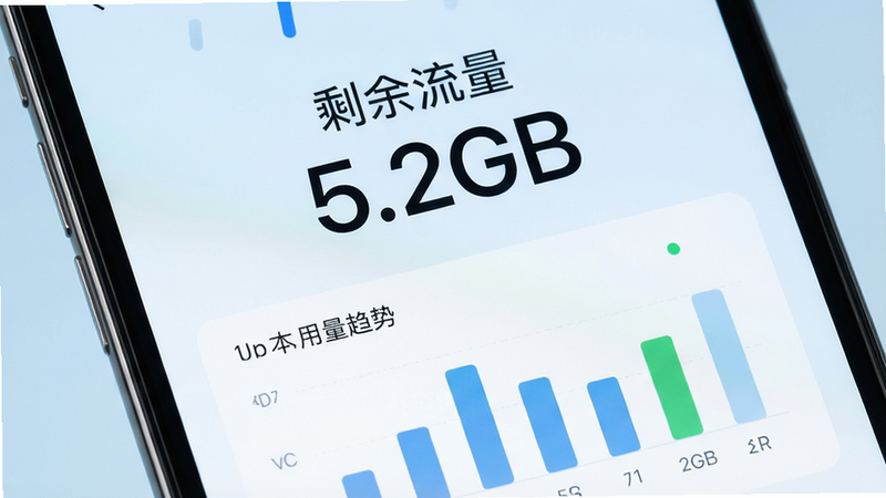 主体为手机屏幕特写,界面中央显示大号数字“剩余流量 5.2GB”,下方有简洁的柱状图展示本月用量趋势,背景为淡蓝色渐变,风格极简现代,UI清晰,无多余元素,4k高清,干净利落