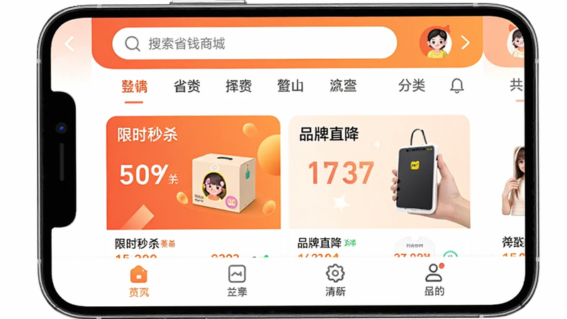主体为拼拼省钱商城APP的手机界面截图,布局清晰,顶部显示搜索栏与分类导航,中部展示“限时秒杀”与“品牌直降”商品卡片,底部为功能菜单,风格现代简约,色彩明亮温馨,细节清晰,画质高清,干净,无多余元素