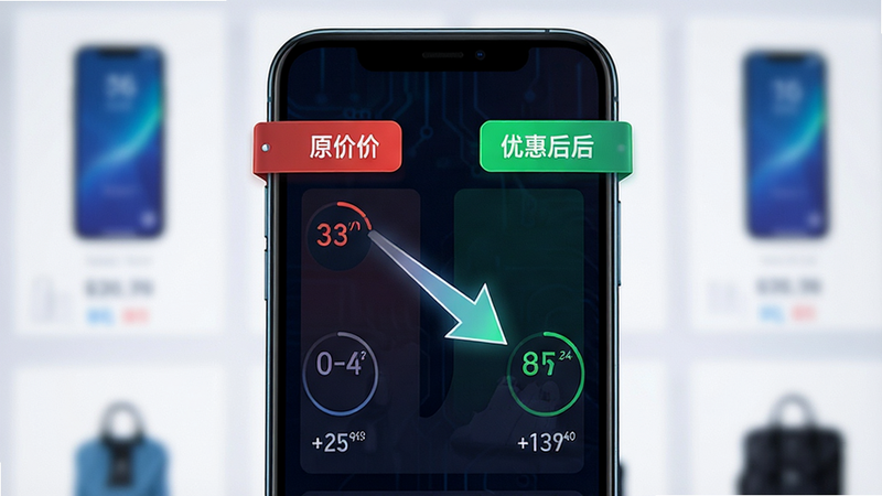 主体为手机屏幕上的价格对比图表,左侧显示原价红色标签,右侧显示优惠后绿色标签,中间有箭头指示降价趋势,背景模糊显示商品图片,风格科技感,数据可视化清晰,画质精细,干净,无多余元素
