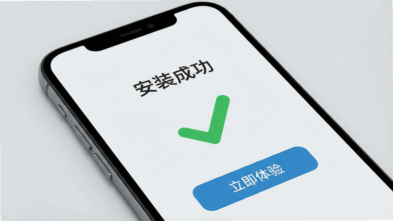 主体为手机屏幕显示“安装成功”界面,中间有一个绿色的大对勾,下方显示“立即体验”按钮,背景为浅灰色,风格简洁现代,细节清晰,画质高,干净,无多余元素