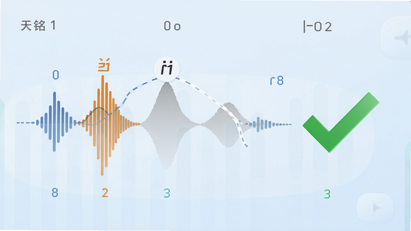 天铭宝宝起名软件读音检测功能图,声波可视化图形,显示声调起伏,旁边有绿色对勾标识,背景为浅蓝色渐变,简洁明了,高保真画质