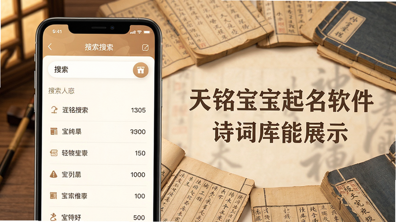 天铭宝宝起名软件诗词库功能展示图,左侧为手机屏幕显示搜索结果,右侧为散落的古籍书页背景,文字清晰,色调温馨,细节丰富,高清画质