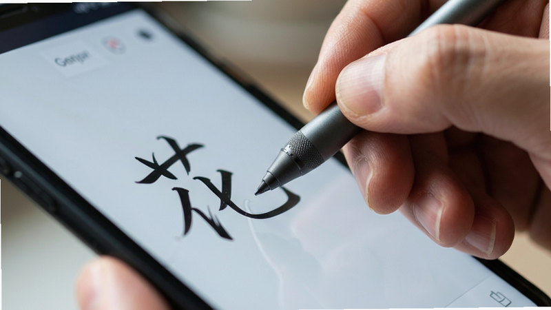 主体为手指握持触控笔在手机屏幕上书写汉字“花”的特写,屏幕显示笔迹流畅,背景虚化,布局聚焦于笔尖与屏幕接触点,风格为写实摄影感,细节展现笔尖纹理与屏幕光泽,画质清晰,干净,无多余元素