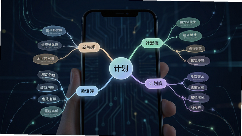 主体为手机屏幕展示思维导图结构,中心节点为“计划”,分支延伸出多个子节点,布局呈放射状,风格为现代科技感,线条清晰,节点颜色柔和,细节展示文字清晰可读,画质高清,干净,无多余元素