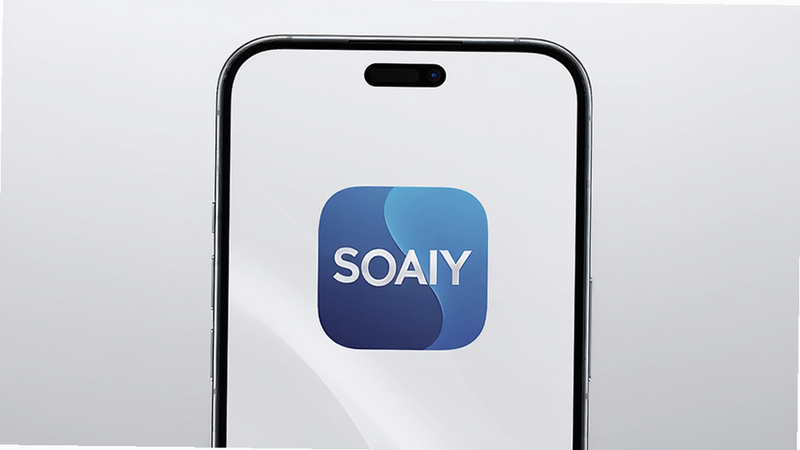 主体为一款现代简约风格的智能手机,屏幕中央清晰显示“SOAIY”应用图标,背景为柔和的浅灰色渐变,布局居中对称,排版整洁,风格为极简科技感,细节展现手机边缘的光影反射,画质高清,干净,无多余元素,文字“SOAIY”清晰可见