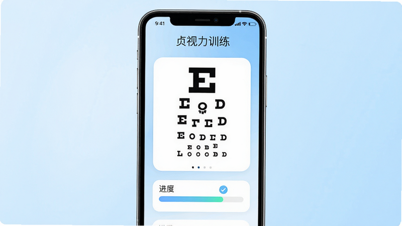 主体为手机屏幕显示“贞视力训练”APP界面,背景为柔和的浅蓝色渐变,布局居中,排版简洁,风格清新医疗风,细节包含清晰的视力表图标和进度条,画质高清,干净,无多余元素