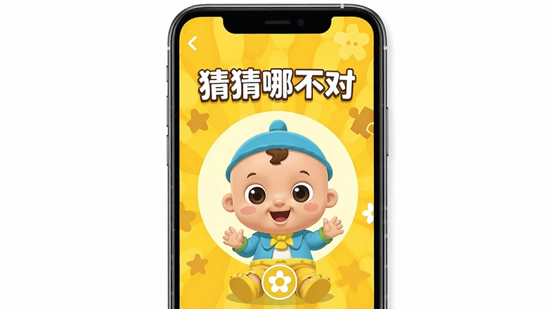 主体为手机屏幕界面,显示“猜猜哪不对”游戏主菜单,背景为明亮的黄色卡通风格,中央有可爱的宝宝巴士吉祥物,布局居中,排版简洁,风格扁平化卡通,细节清晰,画质高清,干净,无多余元素