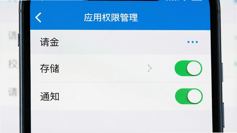 主体为手机设置界面,显示“应用权限管理”页面,高亮显示“存储”和“通知”开关,布局列表式,排版清晰,风格系统UI,细节准确,画质高清,干净,无多余元素
