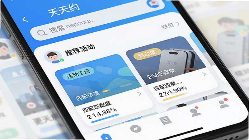 主体为手机屏幕特写,显示'天天约'APP首页界面,布局清晰,顶部为搜索栏,中部为推荐活动卡片,底部为导航栏,排版简洁现代,风格为扁平化设计,细节包含用户头像、活动标签、匹配度百分比,画质高清,干净无多余元素,文字'天天约'清晰可见