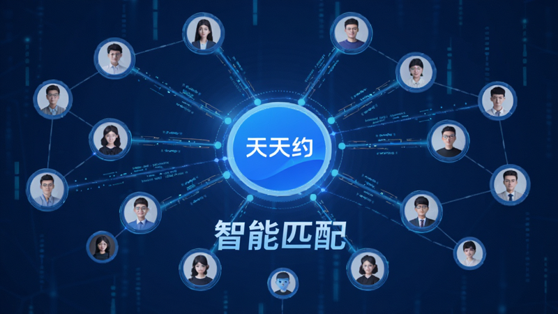 主体为抽象的数据连接网络图,中心节点为'天天约'Logo,周围分布多个用户头像节点,线条连接表示匹配关系,布局呈放射状,排版均衡,风格为科技感蓝色调,细节包含数据流特效,画质清晰,干净,文字'智能匹配'醒目