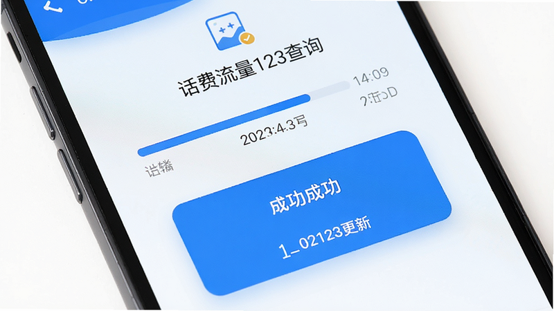 主体为手机界面特写,显示“话费流量123查询”的加载进度条和成功弹窗,布局居中,蓝色主色调,图标清晰,风格现代简约,细节包含数据更新的时间戳,画质清晰,干净无多余元素