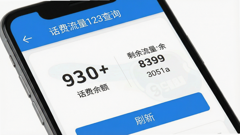 主体为手机屏幕,显示“话费流量123查询”APP界面,布局简洁,白色背景,顶部蓝色导航栏显示软件名称,中部大号数字显示话费余额和剩余流量,底部有“刷新”按钮,风格扁平化,细节清晰,画质高清,干净无多余元素