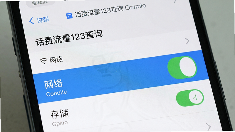 主体为手机设置界面,显示“话费流量123查询”的权限管理页面,布局列表式,高亮显示“网络”和“存储”权限为开启状态,风格系统原生,细节清晰,画质高清,干净无多余元素