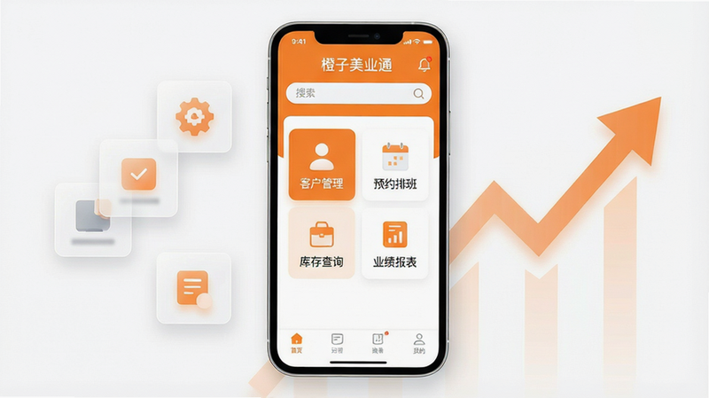 一张高清现代扁平化风格的应用界面全景图,主体为橙色与白色为主色调的手机屏幕,屏幕中央显示“橙子美业通”APP的主界面,布局清晰,顶部有搜索栏和通知图标,中部为网格状的功能入口,包括“客户管理”、“预约排班”、“库存查询”和“业绩报表”,底部为导航栏。画面左侧漂浮着几个半透明的功能图标卡片,右侧有向上的箭头趋势图背景,整体排版整洁有序,风格极简商务,细节处体现柔和的阴影效果,画质4k,干净无多余元素,文字清晰可见