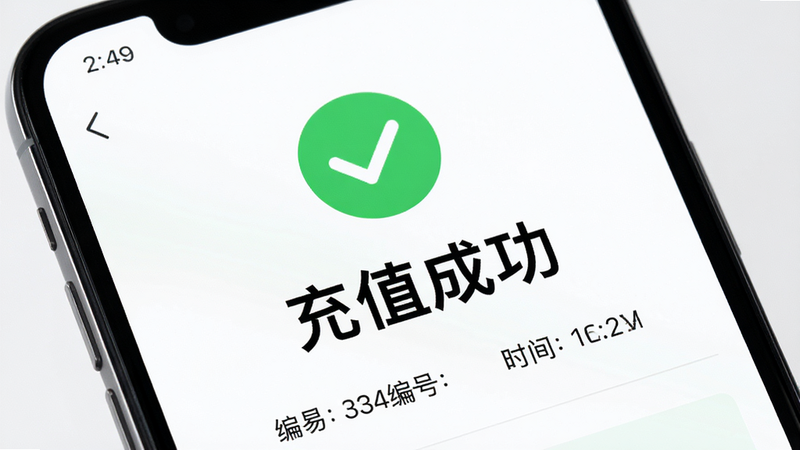 主体为手机屏幕特写,显示Tijam充值成功页面,布局中心为绿色对勾图标与