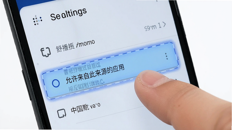 主体为安卓手机设置界面,高亮显示“允许来自此来源的应用”选项,布局清晰,风格科技感,细节展示手指点击动作,画质清晰,干净背景