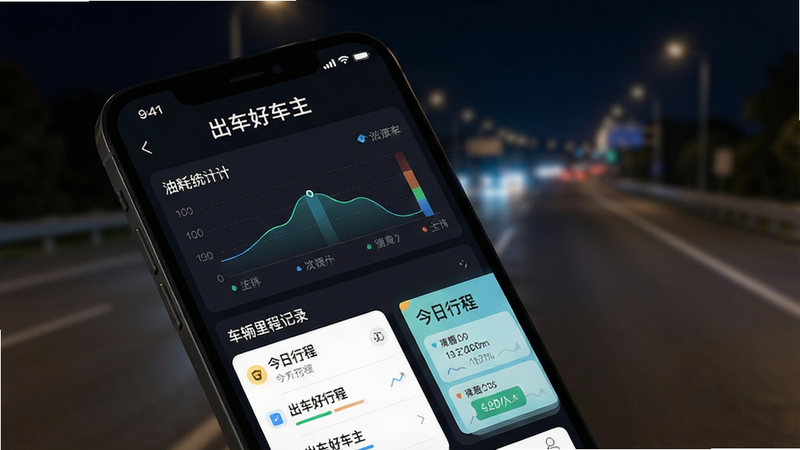 一张展示“出车好车主”App核心界面的手机屏幕特写,画面主体为深色模式的手机APP界面,顶部显示“出车好车主”标题,中间区域清晰展示油耗统计图表、车辆里程记录列表以及醒目的“今日行程”卡片,背景为模糊的公路夜景,整体风格现代、简洁、科技感强,高分辨率,UI细节精致,无多余杂乱元素,真实摄影风格