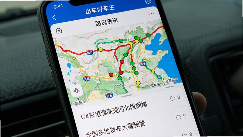 一张手机屏幕显示“出车好车主”App的“路况资讯”页面,地图上标有多个红黄绿三色路况点,下方列表显示最新新闻标题如“G4京港澳高速河北段拥堵”、“全国多地发布大雾预警”,界面设计直观,地图细节丰富,色彩鲜明,体现信息获取的便捷性,高清截图,无水印