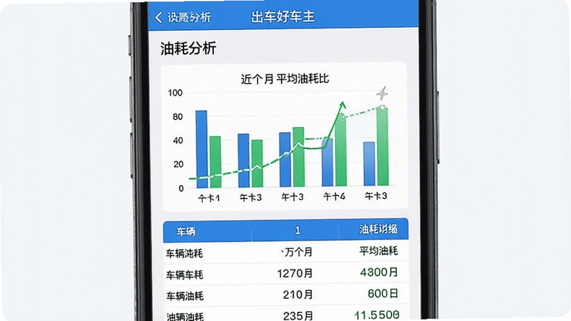 一张手机屏幕截图,显示“出车好车主”App中的“油耗分析”页面,界面中央是一个清晰的柱状图,对比近六个月的平均油耗,下方列出具体车辆的油耗明细表格,数字清晰醒目,蓝色和绿色为主色调,体现数据可视化效果,背景干净,无其他干扰元素,高清UI设计