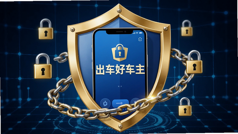 一张概念图,展示一把金色的盾牌保护着一部显示“出车好车主”界面的手机,盾牌周围环绕着锁链和加密符号,背景为深蓝色科技感网格,象征数据安全与隐私保护,画面中心突出盾牌主体,风格庄重、可信,高清渲染,无多余装饰元素
