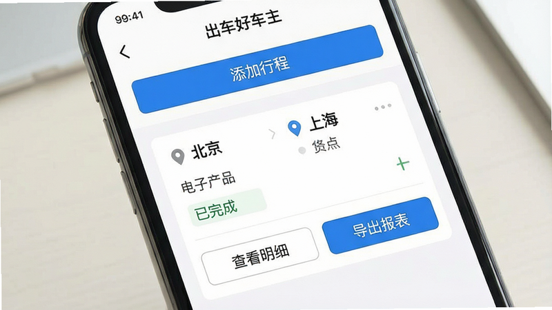 一张展示“出车好车主”App“行程记录”功能界面的图片,界面上方有“添加行程”按钮,中间展示一条已记录的行程卡片,包含起点“北京”终点“上海”、货物“电子产品”及状态“已完成”,下方有“查看明细”和“导出报表”按钮,界面布局整洁,字体易读,手机边框可见,背景为浅色办公桌面,风格简约商务