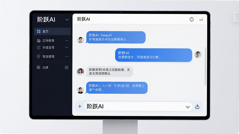 主体为阶跃AI应用界面全景展示,布局采用左侧导航栏右侧对话区结构,排版整洁现代,风格为极简科技风,细节包含清晰的对话气泡与输入框,画面中包含文字“阶跃AI”,画质高清,干净,无多余元素