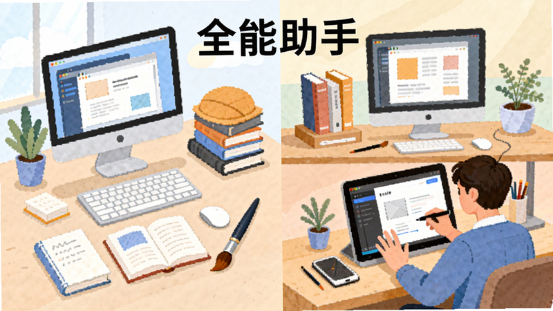 主体为阶跃AI应用场景拼贴画,布局展示办公、学习、创作三个场景,排版均衡,风格为扁平化插画,细节包含电脑、书本、画笔元素,画面中包含文字“全能助手”,画质明亮,干净,无多余元素