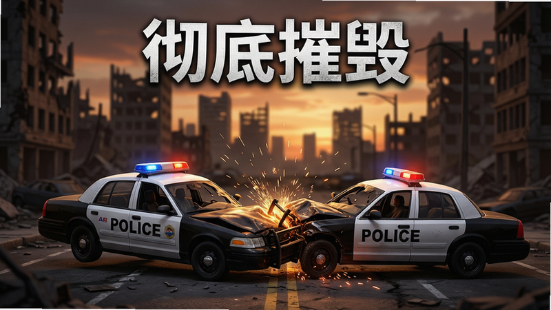 主体为“彻底摧毁”游戏的主界面截图,布局采用居中对称设计,背景是黄昏时分的城市废墟,前景有一辆警车正在剧烈碰撞,排版简洁大气,风格写实且充满张力,细节丰富展现金属扭曲与火花飞溅,画质4K高清,干净无多余元素,文字“彻底摧毁”位于顶部中央,字体粗犷有力