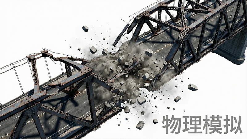主体展示“彻底摧毁”中物理引擎效果,布局为俯视角度,一座钢结构大桥正在断裂崩塌,排版突出结构力学美感,风格硬核写实,细节显示钢梁扭曲与混凝土块飞溅,画质极高,清晰锐利,干净背景,文字“物理模拟”以半透明水印形式位于右下角