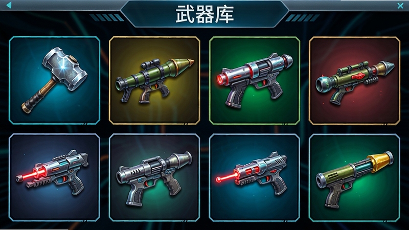 主体为“彻底摧毁”游戏内的武器选择菜单界面,布局为网格状排列,包含锤子、火箭筒、激光枪等图标,排版整齐有序,风格科技感强烈,细节展示每个武器的高光反射与金属质感,画质细腻,色彩对比鲜明,干净无杂色,文字“武器库”位于顶部标题栏