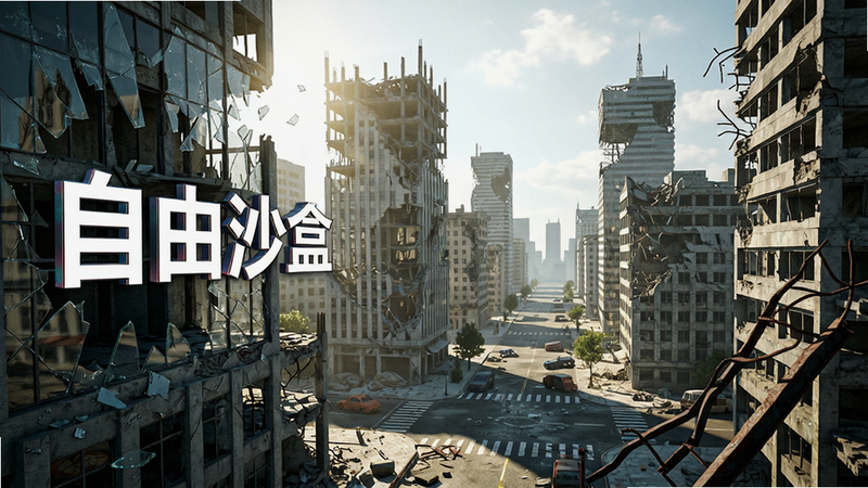 主体为“彻底摧毁”沙盒模式全景图,布局为广角远景,展示一片被部分破坏的现代都市,排版强调空间纵深感,风格略带末世感但明亮,细节丰富呈现破碎的玻璃与扭曲的钢筋,画质电影级,光影效果逼真,干净无遮挡,文字“自由沙盒”以艺术字体悬浮于画面左侧