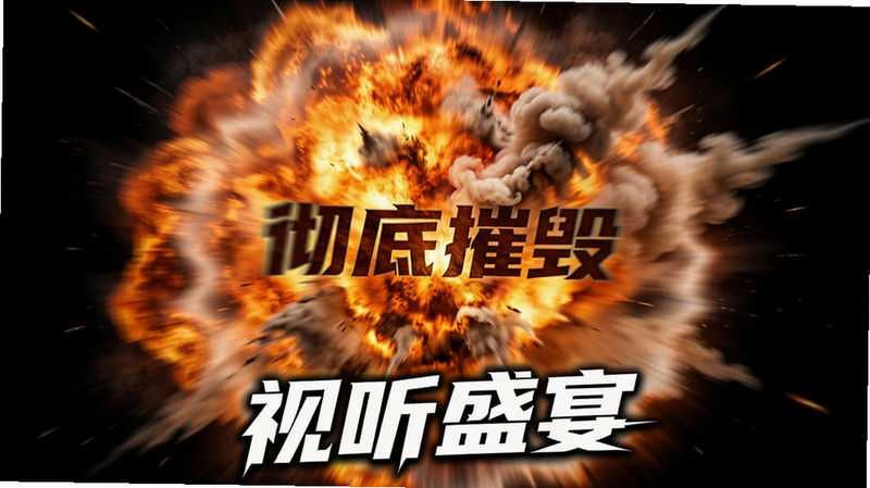 主体为“彻底摧毁”爆炸瞬间的特写镜头,布局聚焦于冲击波扩散的中心,排版突出动态模糊效果,风格激烈震撼,细节展现火焰纹理与烟雾流动,画质高动态范围,色彩饱和度高,干净背景以突出主体,文字“视听盛宴”以动感字体位于底部中央