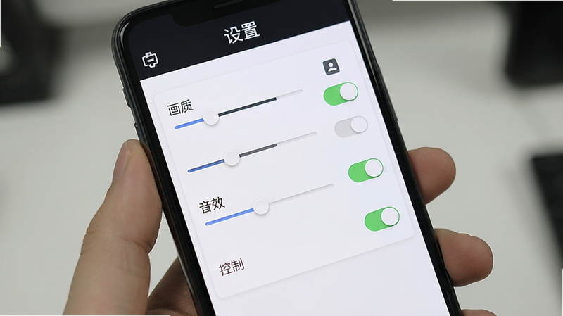 主体为手机屏幕显示“彻底摧毁”游戏设置界面,布局为列表式菜单,包含画质、音效、控制选项,排版清晰易读,风格简约现代,细节展示滑块与开关状态,画质清晰,无广告干扰,文字“设置”位于顶部,图标简洁明了