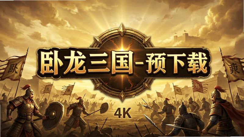 一张高清的游戏宣传海报,主体是“卧龙三国-预下载”的Logo,背景是三国战场的宏大场景,画面色调偏金黄色,展现史诗感,文字清晰可见,无多余元素,4k画质,干净简洁