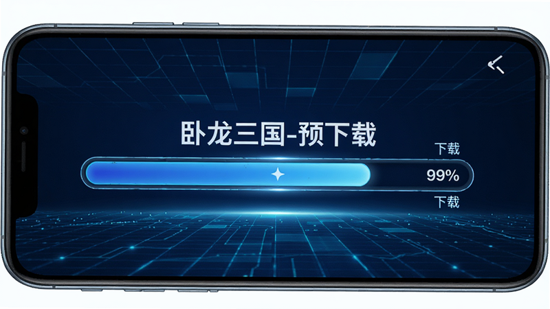 展示手机下载进度界面的概念图,画面中央是“卧龙三国-预下载”的下载进度条,显示99%进度,背景为科技感的蓝色网格,体现速度与稳定,风格现代,细节精致,无水印