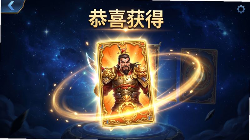 游戏内抽卡界面的概念图,显示一张金色的橙色武将卡牌正在被抽出,周围环绕着光效,背景为深蓝色星空,文字“恭喜获得”清晰可见,风格华丽,细节丰富,无水印