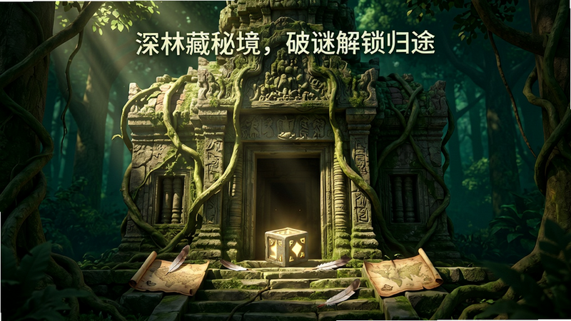 主体为一座被巨大藤蔓缠绕的古老石制神殿入口,阳光透过茂密森林叶片洒下斑驳光影,入口处放置着发光的谜题方块,周围散落着旧地图与羽毛,背景是深邃的绿色森林,布局居中,排版对称,风格为清新写实3D渲染,细节丰富,画质4K高清,干净无多余元素,文字“深林藏秘境,破谜解锁归途”悬浮于顶部中央