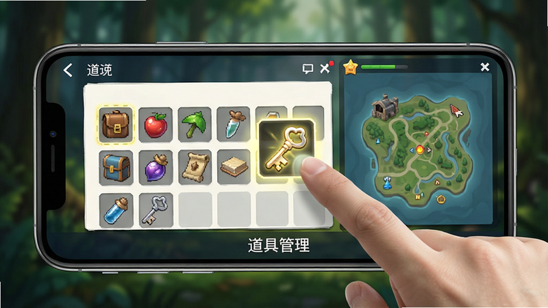主体为手机屏幕界面,显示游戏内背包道具栏与地图界面,手指正在点击一个发光的钥匙图标,背景为模糊的森林场景,布局清晰,排版简洁,风格为UI设计展示,细节高亮,画质清晰,干净,文字“道具管理”位于底部