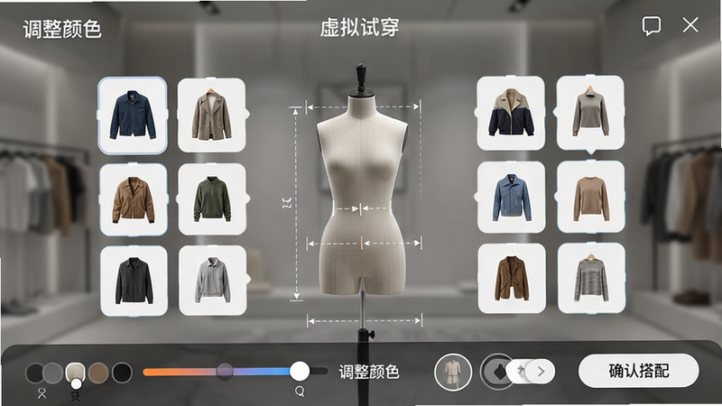 主体为虚拟试衣间操作界面,布局中央为模特人台模型,周围环绕着可拖拽的服装选项,底部有颜色调节滑块和材质切换按钮,排版直观易操作,风格为现代交互风,细节包含光影渲染效果和尺寸标注线,画质逼真,干净,无多余元素,文字标签为