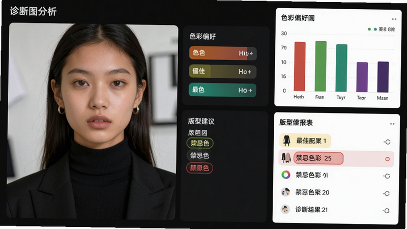 主体为风格诊断报告界面,布局分为左右两栏,左侧是用户照片分析示意,右侧是色彩偏好柱状图和版型建议列表,排版工整,风格为科技简约风,细节包含高亮的最佳配色方案和禁忌色彩标注,画质清晰,干净,无多余元素,文字标签为