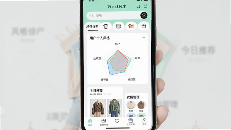 主体为手机界面展示“万人迷风尚”APP首页,布局清晰,顶部是搜索栏和分类导航,中部展示用户个人风格雷达图和推荐穿搭卡片,底部是功能标签栏,排版简洁现代,风格为清新时尚风,细节包含衣物图标和色彩分析图表,画质高清,干净,无多余元素,文字标签为