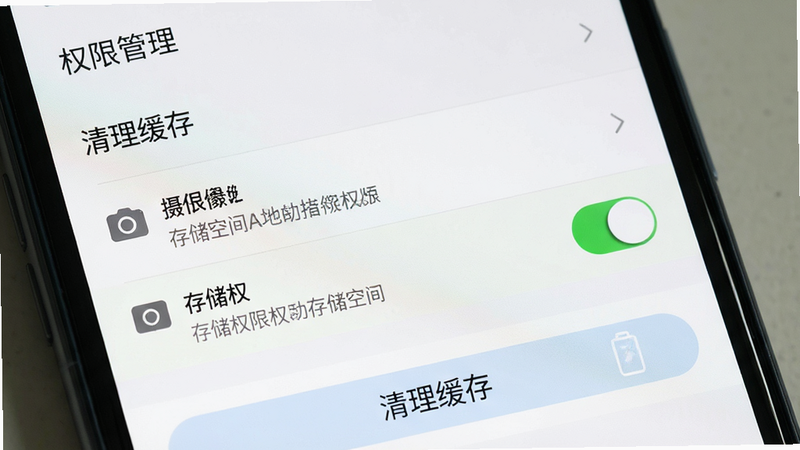 主体为手机设置界面,布局展示权限管理列表,高亮显示摄像头和存储权限开关,底部有清理缓存按钮,排版清晰,风格为系统设置风,细节包含权限状态图标和说明文字,画质清晰,干净,无多余元素,文字标签为