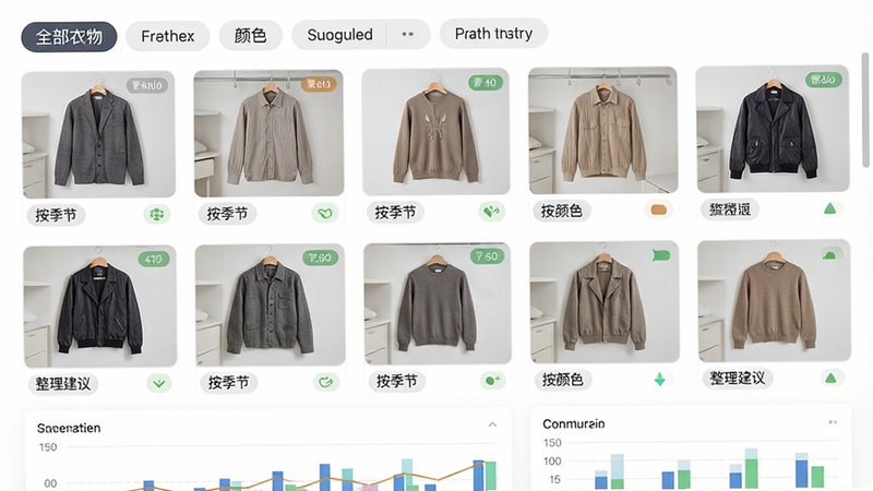 主体为衣橱管理列表界面,布局为网格状展示衣物缩略图,顶部有筛选条件标签,底部有统计图表,排版整齐有序,风格为整洁商务风,细节包含衣物标签和状态标识,画质细腻,干净,无多余元素,文字标签为