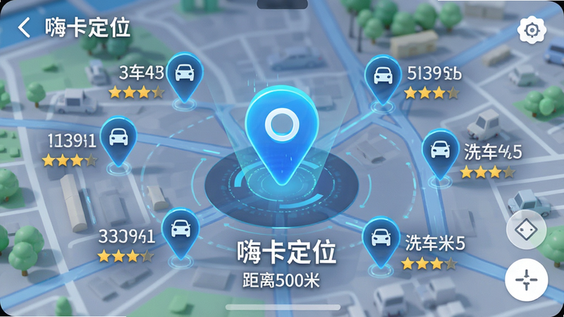 主体为地图定位界面,布局中心为一个显眼的定位图标,周围环绕着多个代表洗车店的标记点,风格为科技感与实用主义结合,细节展示距离数字和星级评价,画质细腻,干净,无多余元素,文字包含