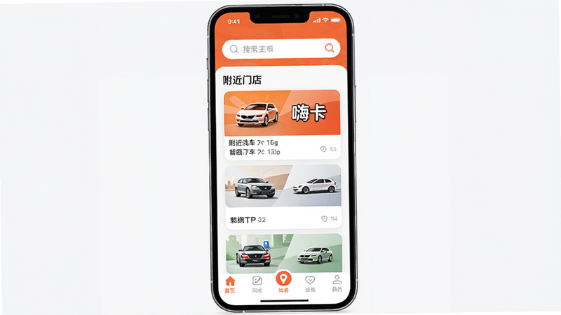 主体为嗨卡APP的主界面展示,布局清晰,顶部显示搜索栏,中部为附近的洗车门店列表卡片,底部为导航标签,风格为现代简约扁平化UI,细节包含高清的车辆图标和鲜亮的品牌色,画质高清,干净,无多余元素,文字包含